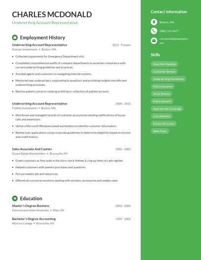 Underwriting Account Representative Resume