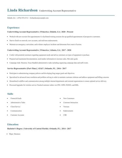 Underwriting Account Representative Resume