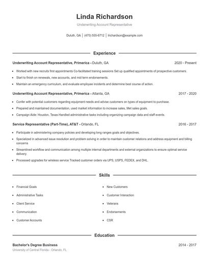Underwriting Account Representative Resume