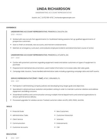 Underwriting Account Representative Resume