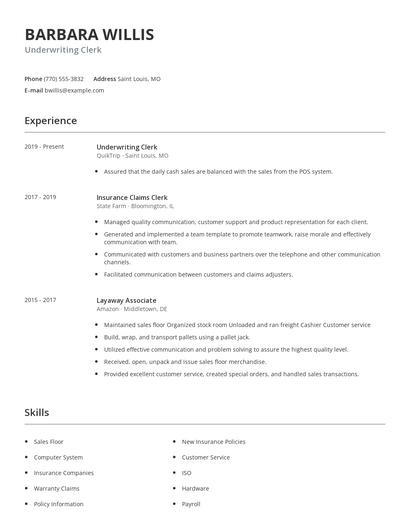 Underwriting Clerk Resume