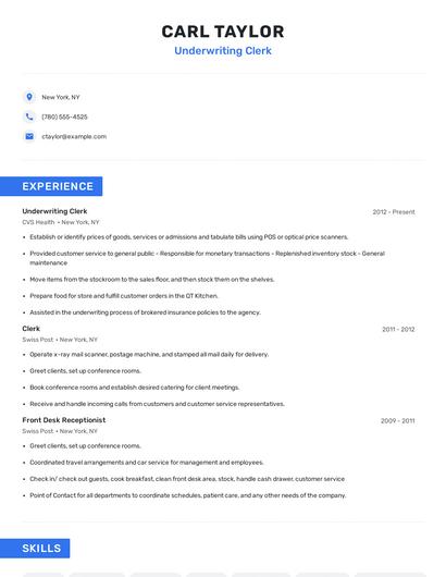 Underwriting Clerk Resume