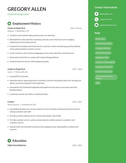 Underwriting Clerk Resume