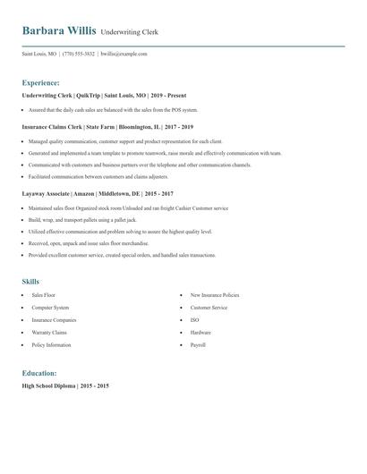 Underwriting Clerk Resume