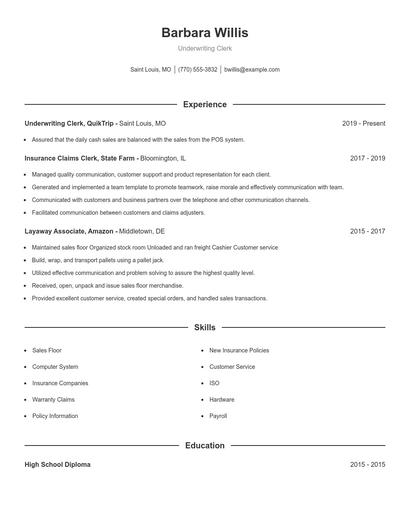 Underwriting Clerk Resume
