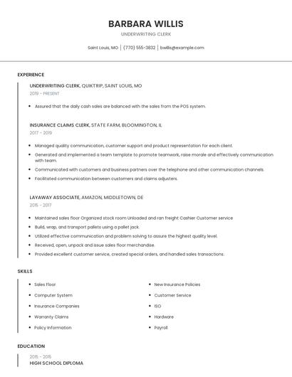 Underwriting Clerk Resume