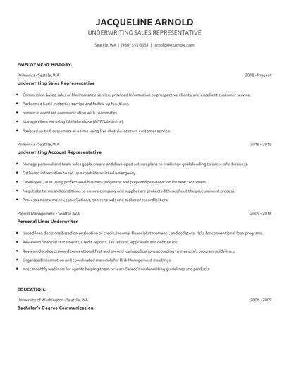 Underwriting Sales Representative Resume