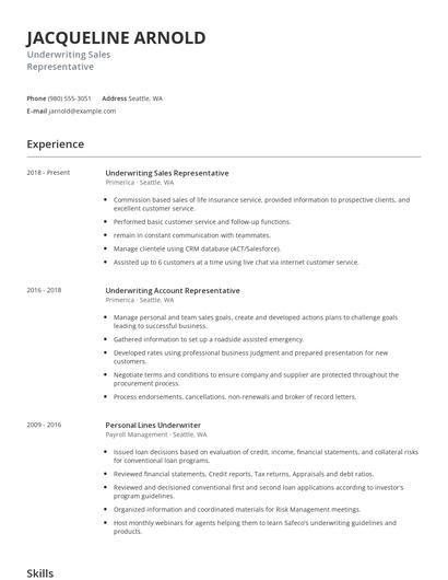 Underwriting Sales Representative Resume