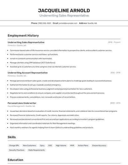 Underwriting Sales Representative Resume