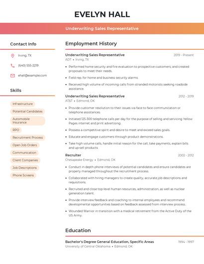 Underwriting Sales Representative Resume