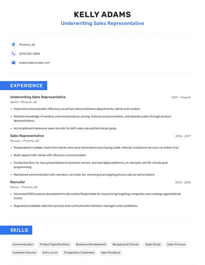 Underwriting Sales Representative Resume