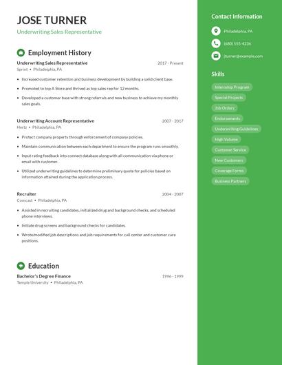 Underwriting Sales Representative Resume
