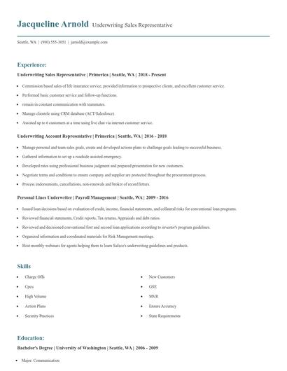 Underwriting Sales Representative Resume