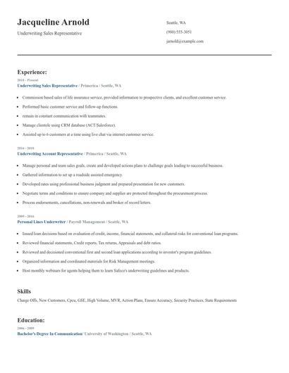 Underwriting Sales Representative Resume