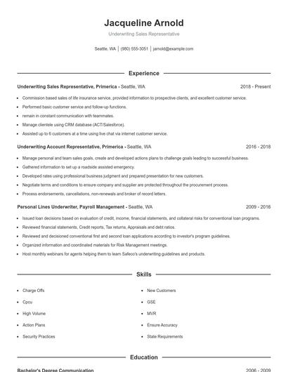 Underwriting Sales Representative Resume
