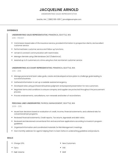 Underwriting Sales Representative Resume
