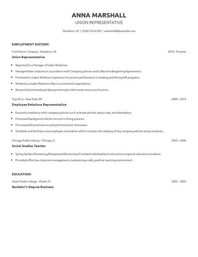 Union Representative Resume