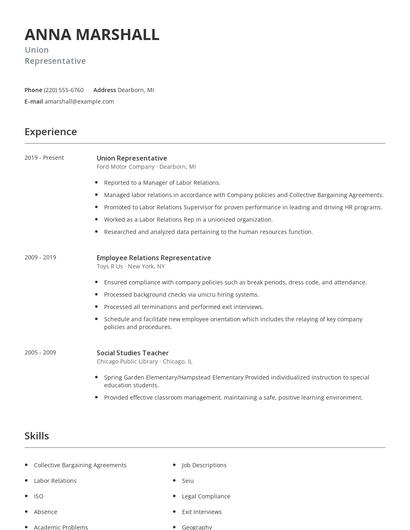 Union Representative Resume