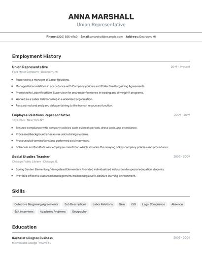 Union Representative Resume