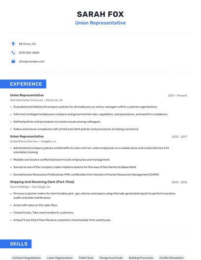 Union Representative Resume