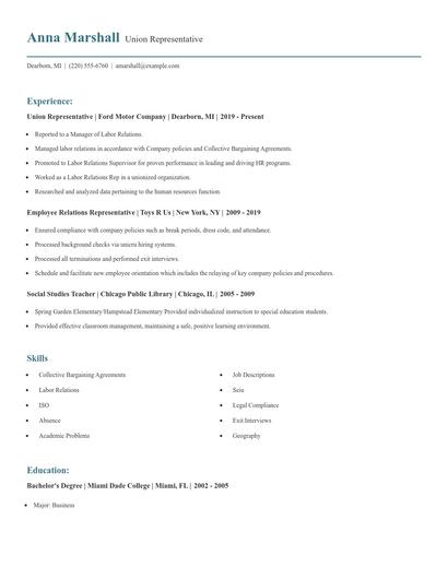 Union Representative Resume