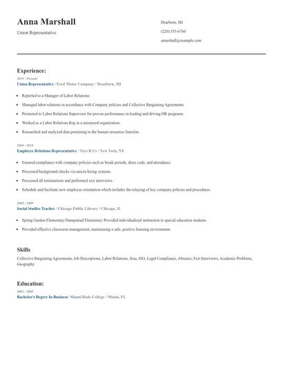 Union Representative Resume