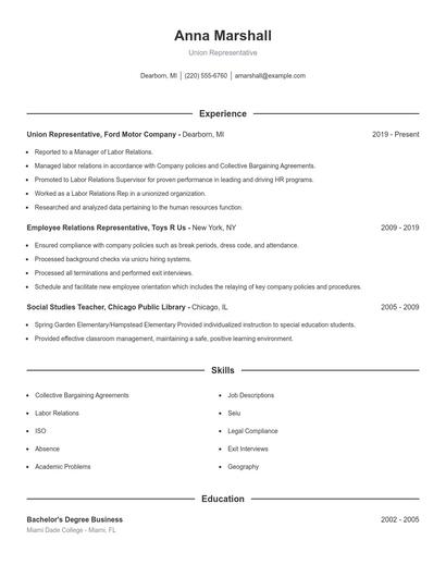 Union Representative Resume
