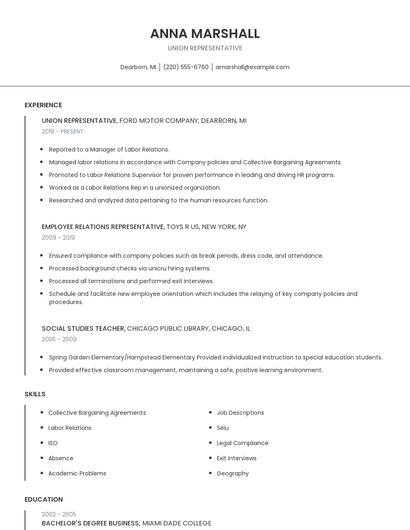 Union Representative Resume