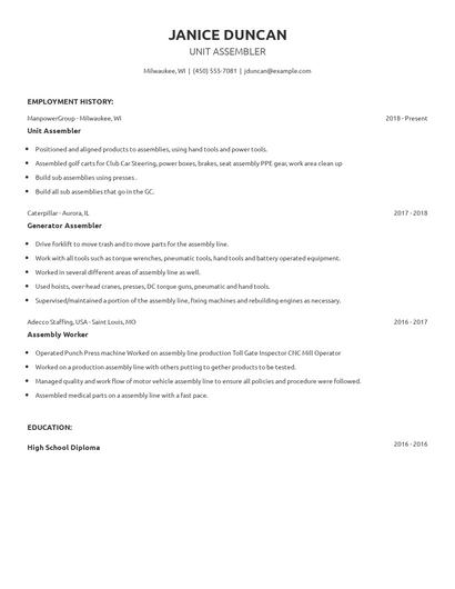 Unit Assembler Resume