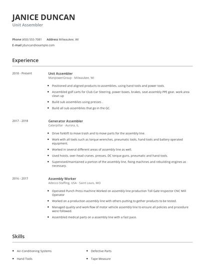 Unit Assembler Resume