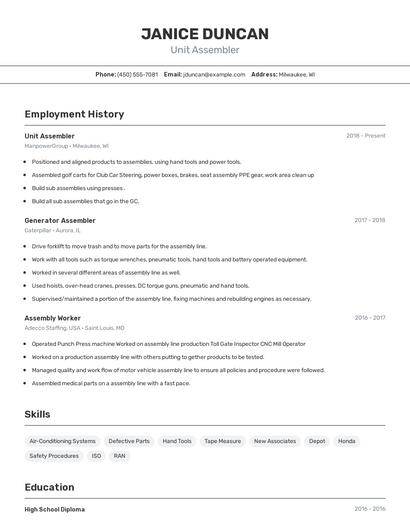 Unit Assembler Resume