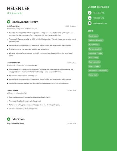 Unit Assembler Resume