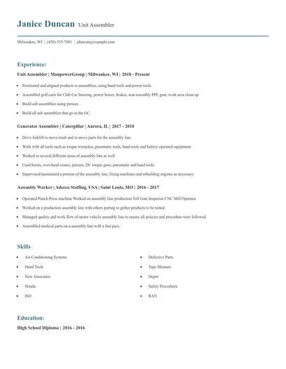 Unit Assembler Resume