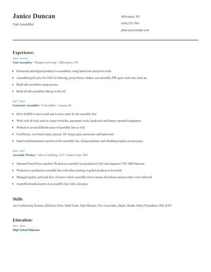 Unit Assembler Resume