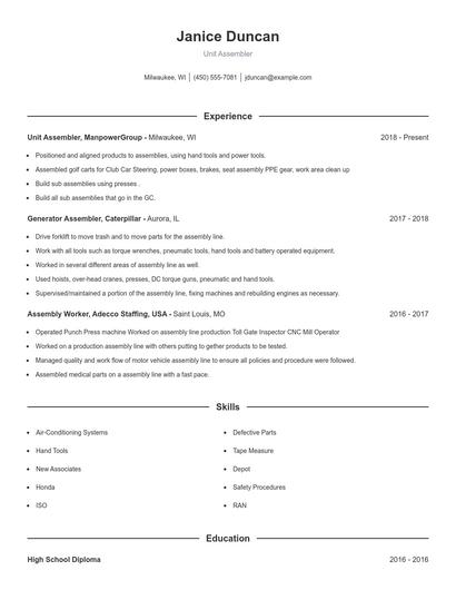 Unit Assembler Resume