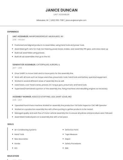 Unit Assembler Resume