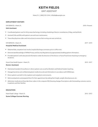 Unit Assistant Resume