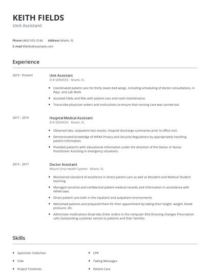 Unit Assistant Resume