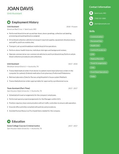 Unit Assistant Resume