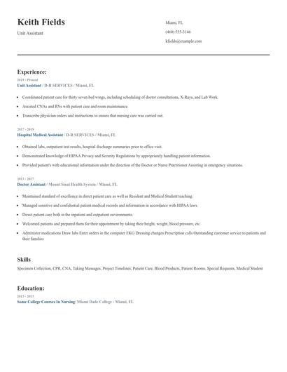 Unit Assistant Resume