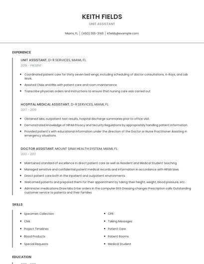 Unit Assistant Resume