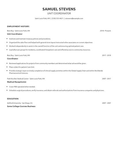 Unit Coordinator Resume