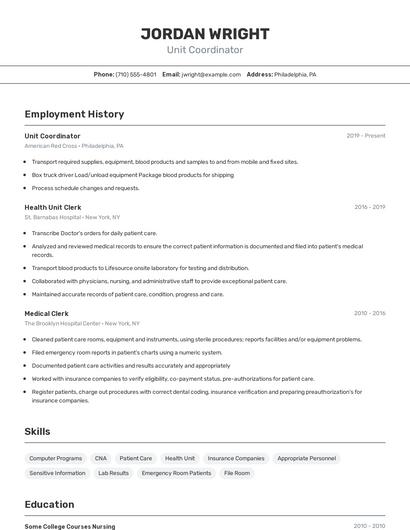Unit Coordinator Resume