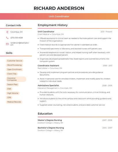 Unit Coordinator Resume