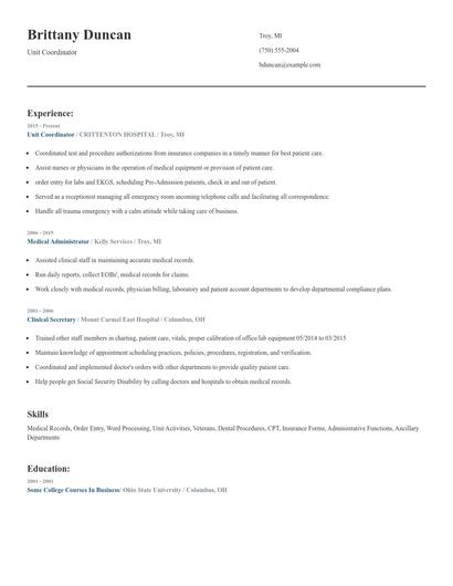 Unit Coordinator Resume