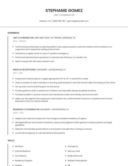 Unit Coordinator Resume
