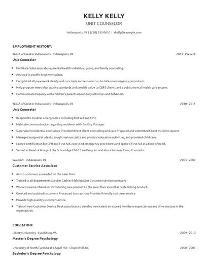 Unit Counselor Resume