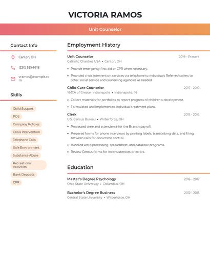 Unit Counselor Resume