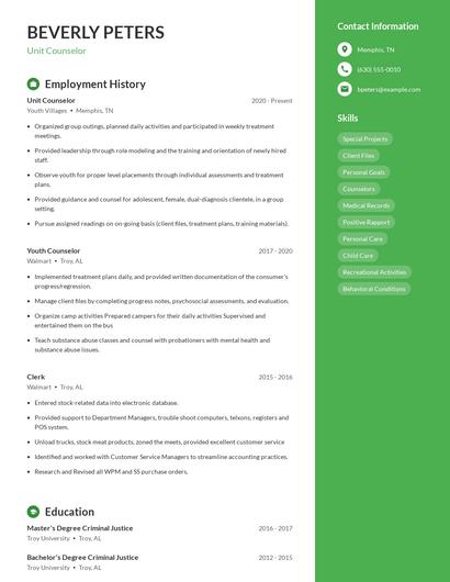 Unit Counselor Resume