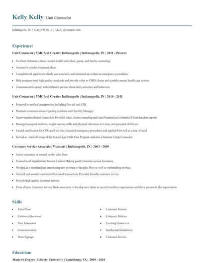 Unit Counselor Resume